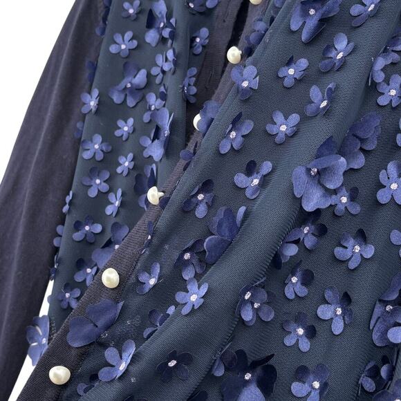 Karl Lagerfeld Paris Cardigan Sweater Size L Blue Sheer Front 3D Flowers - Picture 7 of 12